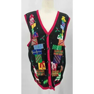 Bobbie Brooks Women's Size L Black Holiday Presents Sweater Vest